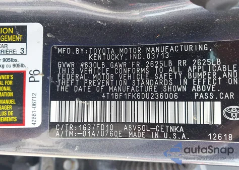 2013 Toyota Camry Le from USA, damaged, VIN 4T1BF1FK6DU236006